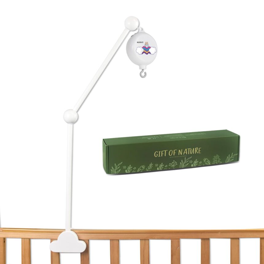 27 in White Wooden Crib Mobile arm 360° Adjustable Angle Baby Mobile arm,Mobile arm with Mobile Music Box Spinner-Volume Control 12 lullabies (Turn & Music,Turn only, Music only)