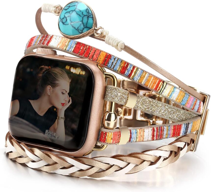 Boho Leather Bracelet Compatible with Apple Watch Bands for Women Men 38mm 40mm 41mm 42mm 44mm 45mm 49mm – Multilayer Wrap Dressy Apple Watch Strap for Cute Iwatch Band Series 9 8 7 6 SE Ultra 2 5 4 3 2 1