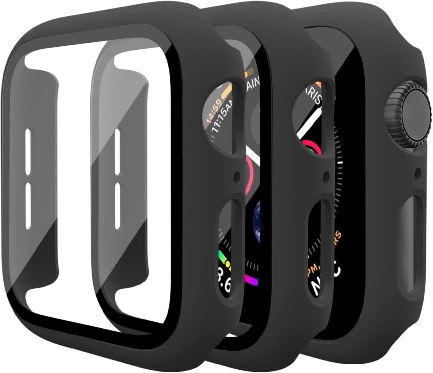 3 Pack Case for Apple Watch Series 9 Series 8 Series 7 41mm Hard PC Case with Tempered Glass Screen Protector Waterproof Anti-Scratch HD Ultra-Thin Full Protective Cover for iWatch 41mm (Black)