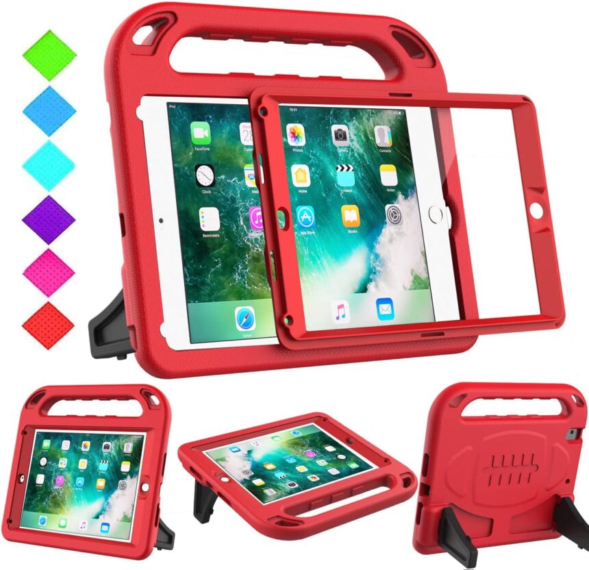 BMOUO Kids Case for iPad 9.7 2018/2017/iPad Air 2/1/Pro 9.7-Built-in Screen Protector Shockproof Handle Convertible Stand Case for iPad 9.7 Inch 2018 (6th Generation)/2017 (5th Generation)/Air 2, Red