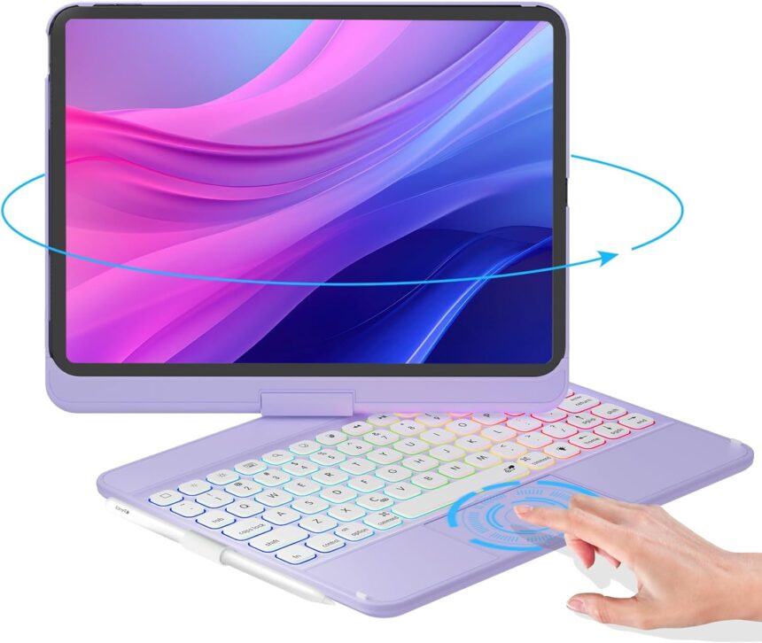 NOKBABO iPad 10th Generation case with Keyboard, Rainbow Backlight, 360°Rotation, Multi Touchpad & Pencil Holder, Keyboard case for iPad 10th Generation 10.9″ – Metallic Purple