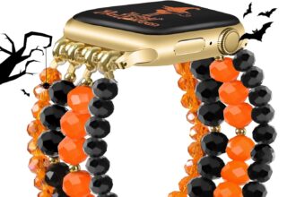 JR.DM Halloween Beaded Bracelet Women Compatible with Apple Watch 38mm 40mm 41mm 42mm 44mm 45mm, Stretch Elastic Dressy Fashion Ghost Strap Wristband Replacement for iWatch Series SE/9/8/7/6/5/4/3/2/1