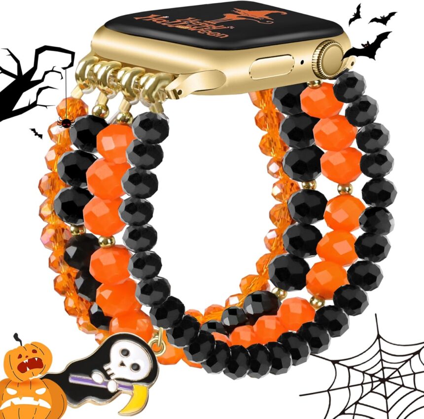 JR.DM Halloween Beaded Bracelet Women Compatible with Apple Watch 38mm 40mm 41mm 42mm 44mm 45mm, Stretch Elastic Dressy Fashion Ghost Strap Wristband Replacement for iWatch Series SE/9/8/7/6/5/4/3/2/1