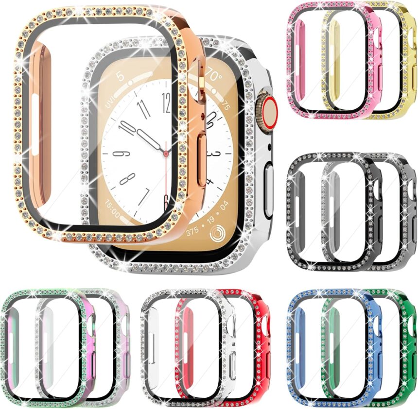 12-Pack Rc-Z Bling Case for Apple Watch 45mm Series 9 8 7 Screen Protector, Women Glitter Diamond Rhinestone Bumper Face Cover for iWatch Accessories 45 mm