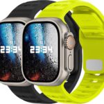 UC2 Sport Band Compatible with Apple Watch Bands Ultra Se 49mm 45mm 44mm 42mm 41mm 40mm 38mm Men Women serieses 9 8 7 6 5 4 3 2 1 iWatch Strap Silicone Black/Fluorescent Yellow, 2 pcs