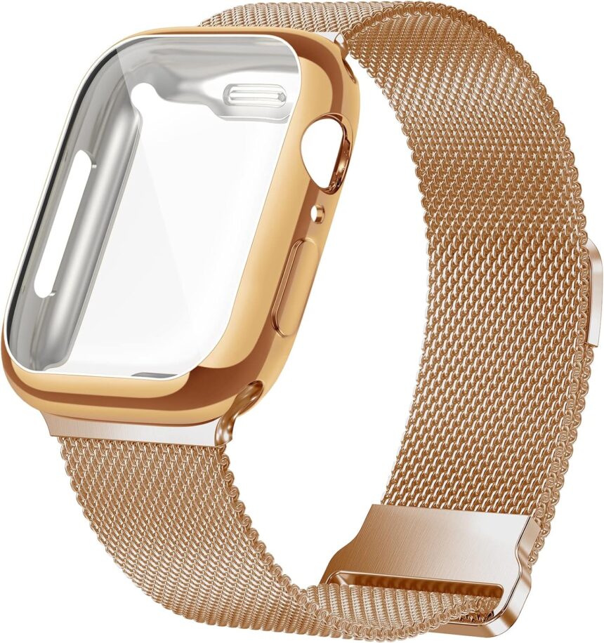 Geoumy Metal Magnetic Bands Compatible for Apple Watch Band 45mm with Case, Stainless Steel Milanese Mesh Loop Replacement Strap Compatible with iWatch Series 9/8/7/6/5/4/3/2/1 SE Women Men, Rose Gold