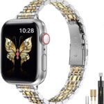 MioHHR Slim Metal Band Compatible with Apple Watch Band 42mm(Series 10) 41mm 40mm 38mm,Dressy Stainless Steel Chain Strap for Women iWatch Bands Series 9 8 7 6 5 4 3 2 1 SE,Silver/Gold