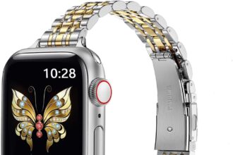 MioHHR Slim Metal Band Compatible with Apple Watch Band 42mm(Series 10) 41mm 40mm 38mm,Dressy Stainless Steel Chain Strap for Women iWatch Bands Series 9 8 7 6 5 4 3 2 1 SE,Silver/Gold