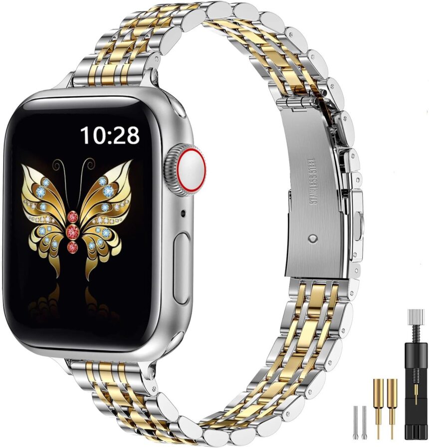 MioHHR Slim Metal Band Compatible with Apple Watch Band 42mm(Series 10) 41mm 40mm 38mm,Dressy Stainless Steel Chain Strap for Women iWatch Bands Series 9 8 7 6 5 4 3 2 1 SE,Silver/Gold