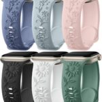 6 Pack Floral Engraved Compatible with Apple Watch Bands for Women 42mm 38mm 40mm 41mm 44mm 45mm 46mm, Soft Silicone Embossed Flower Smart Watches Strap for iWatch Series 10 9 8 7 6 5 4 3 2 SE Ultra