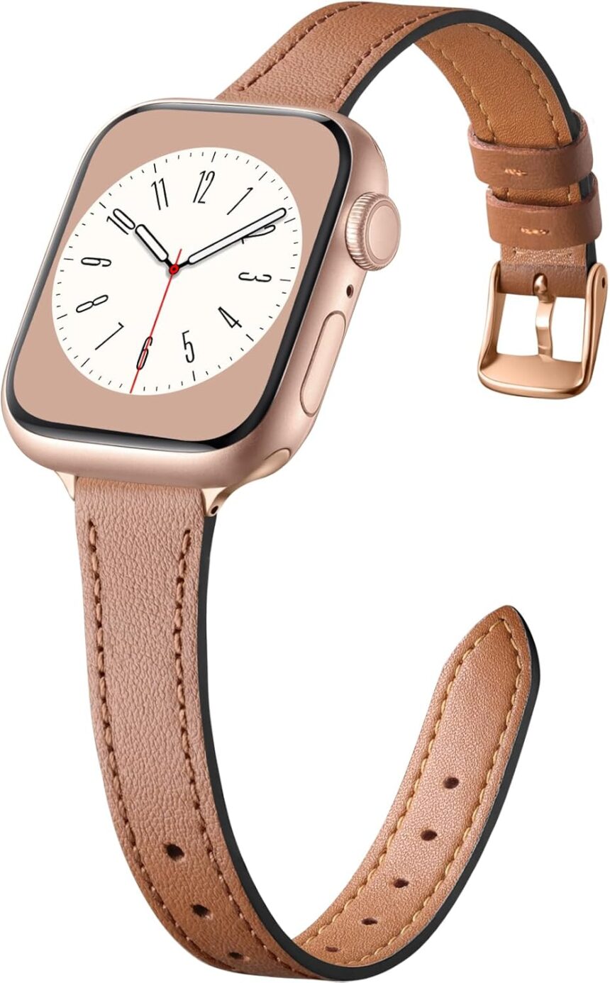 Charlam Slim Leather Band Compatible with Apple Watch Band 40mm 38mm 41mm 42mm 44mm 45mm 46mm Women,Top Grain Genuine Leather Strap Thin Watch Wristband for iWatch Series 10 9 8 7 6 5 4 3 2 1 SE Ultra