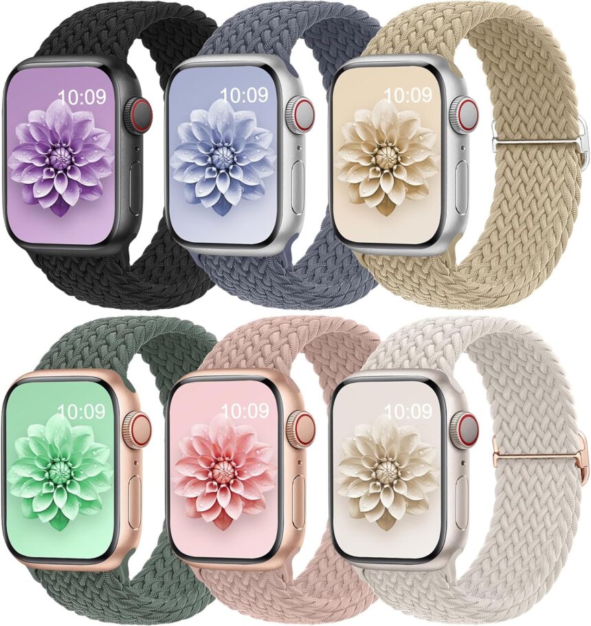 6 Pack Braided Stretchy Solo Loop Bands Compatible with Apple Watch Band 38 40mm 41mm 42mm 44mm 45mm 46mm 49mm for Women Men,Adjustable Elastic Nylon Straps for iWatch Series 10 SE 9 8 7 6 5 4 3 Ultra