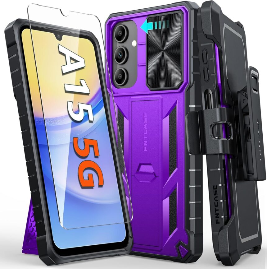 FNTCASE for Samsung Galaxy A15-5G Case: Rugged Protective Phone Cases with Kickstand & Holster | Military Grade Shockproof Protection Durable Heavy Duty Drop Proof Hard Covers 6.5 inch Purple