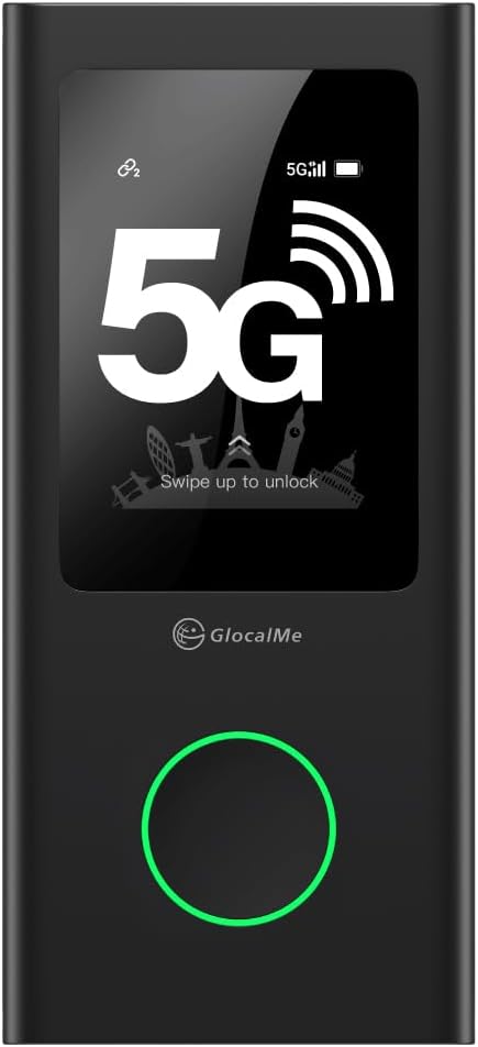 GlocalMe Numen Air 5G Portable WiFi Hotspot for Travel, Ultra High Speed Mobile Hotspot Device with Touch Screen, No Contract or SIM Card Required, 16 Connected Devices, Global 1GB Data