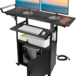 Large Steel AV Cart with Drop Leaves and Locking Cabinet, Height Adjustable Rolling Computer Cart with Pullout Keyboard Tray and Power Strip, Mobile Workstation for Office, Classroom & Warehouse