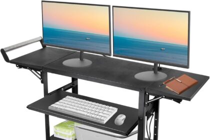 Large Steel AV Cart with Drop Leaves and Locking Cabinet, Height Adjustable Rolling Computer Cart with Pullout Keyboard Tray and Power Strip, Mobile Workstation for Office, Classroom & Warehouse