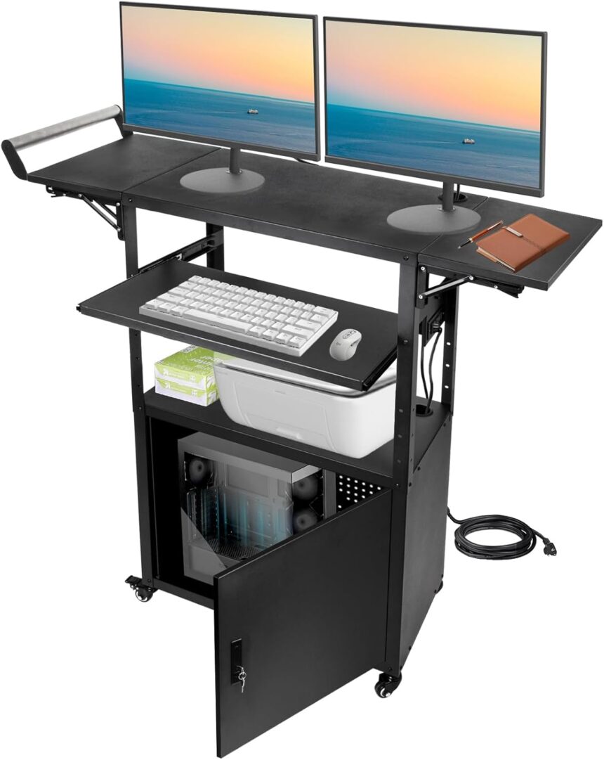 Large Steel AV Cart with Drop Leaves and Locking Cabinet, Height Adjustable Rolling Computer Cart with Pullout Keyboard Tray and Power Strip, Mobile Workstation for Office, Classroom & Warehouse