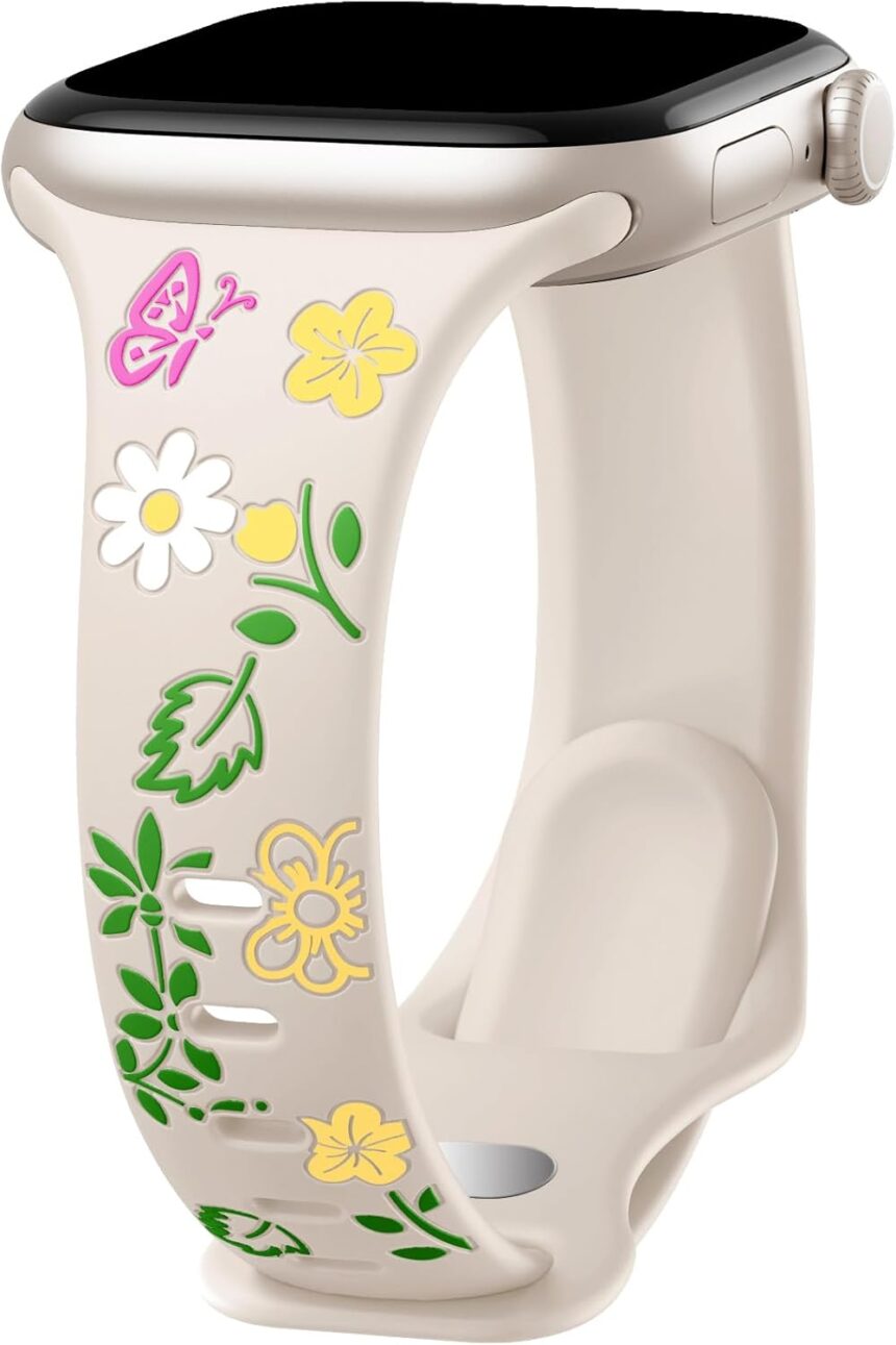 Floral Engraved Slim Band Compatible With Apple Watch Bands for Women 40mm 41mm 38mm 42mm 44mm 45mm 46mm 49mm, Soft Silicone Inlay Sport Strap for iWatch Series 10 9 8 7 6 5 4 3 2 1 SE Ultra