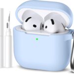 for Airpods 4 Case, for Apple AirPods 4th Generation Case Cover 2024 Cute for Women Men, Soft Silicone Protective for AirPod 4 Case Accessories with Cleaner Kit, Keychain, Lanyard, Sky Blue