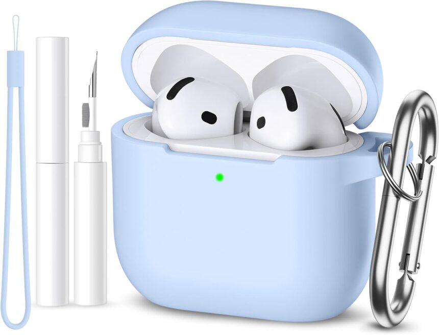 for Airpods 4 Case, for Apple AirPods 4th Generation Case Cover 2024 Cute for Women Men, Soft Silicone Protective for AirPod 4 Case Accessories with Cleaner Kit, Keychain, Lanyard, Sky Blue