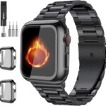 Compatible with Apple Watch Band 49mm 46mm 44mm 45mm 42mm 40mm 38mm 41mm, Stainless Steel Metal XL large iWatch Bands with 2 Pack Tempered Glass Screen Case for Series 10/9 Ultra 2 8/7/6/5/4/3/2/1/SE for Men