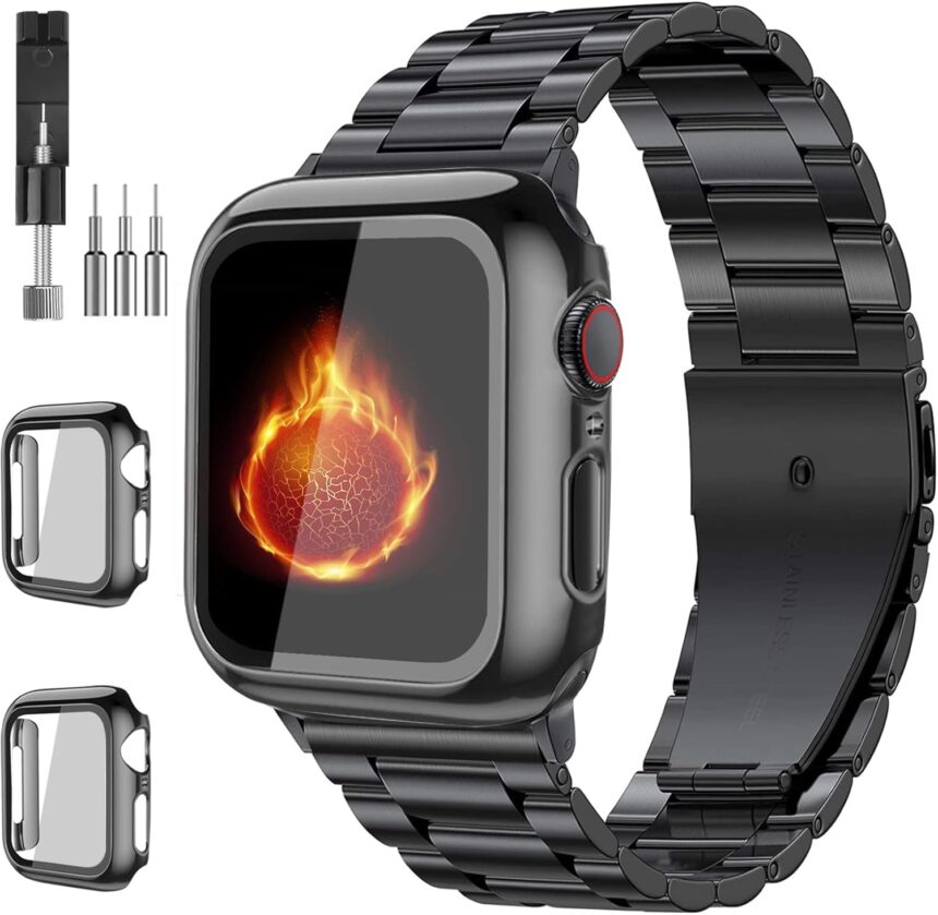 Compatible with Apple Watch Band 49mm 46mm 44mm 45mm 42mm 40mm 38mm 41mm, Stainless Steel Metal XL large iWatch Bands with 2 Pack Tempered Glass Screen Case for Series 10/9 Ultra 2 8/7/6/5/4/3/2/1/SE for Men