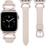 Minyee Leather Bands Compatible with Apple Watch Band 41mm 40mm 38mm 42mm 44mm 45mm 46mm 49mm Women, Slim Thin Dressy Strap with C-Shape Metal Buckle for iWatch Series 10 9 Ultra SE 8 7 6 5 4 3 2 1