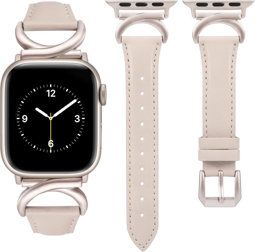 Minyee Leather Bands Compatible with Apple Watch Band 41mm 40mm 38mm 42mm 44mm 45mm 46mm 49mm Women, Slim Thin Dressy Strap with C-Shape Metal Buckle for iWatch Series 10 9 Ultra SE 8 7 6 5 4 3 2 1