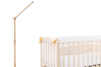 360° Adjustable Wooden Floor-Standing Crib Mobile Arm with Arched Anti-tilt Base 62 Inches Baby Mobile Hanger for Crib Movable Mobile Holder for Crib with Adjustable Height Nursery Decor