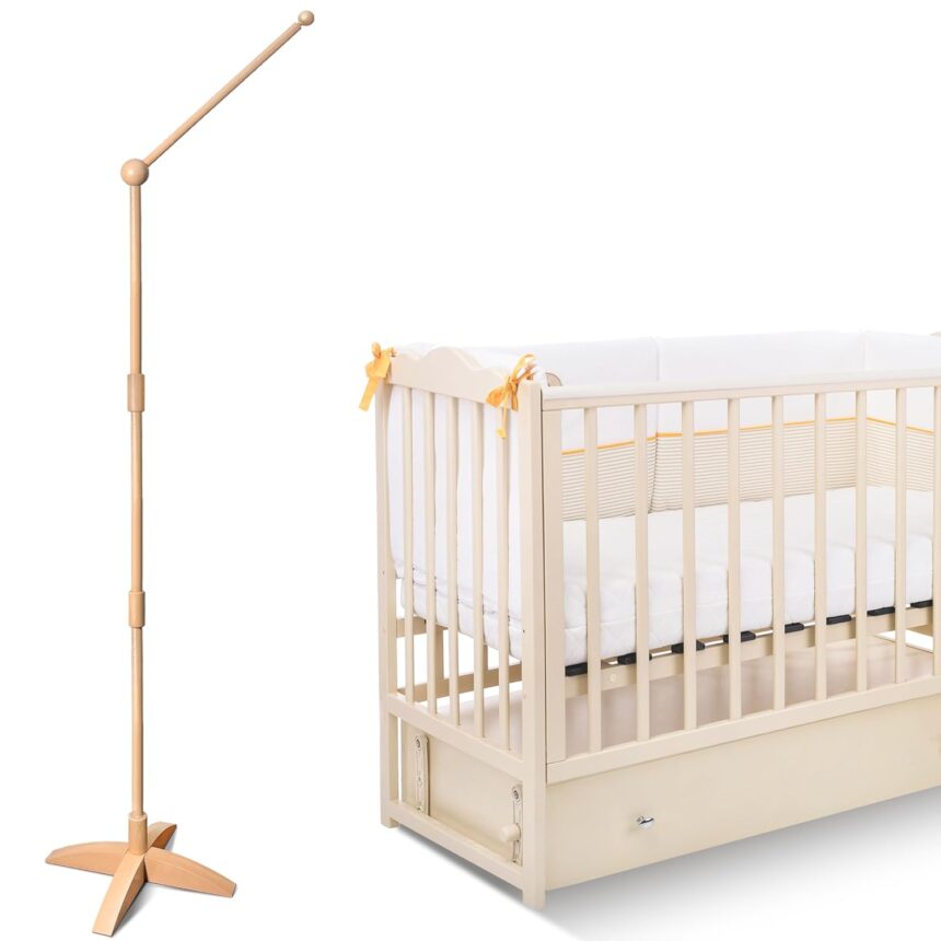 360° Adjustable Wooden Floor-Standing Crib Mobile Arm with Arched Anti-tilt Base 62 Inches Baby Mobile Hanger for Crib Movable Mobile Holder for Crib with Adjustable Height Nursery Decor