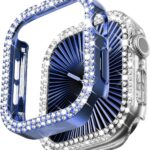 WINGLE 2 Pack Bling Case for Apple Watch Series 10 46mm Bumper Case, Diamond Rhinestone Protective Face Cover Apple Watch 10 46 mm Shockproof Crystal Women Girl Dressy iWatch Protector, Blue/Clear