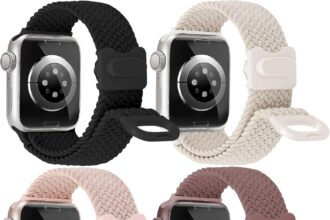 JR.DM 4Pcs Braided Stretchy Adjustable Solo Loop Compatible for Apple Watch Band 40mm 41mm 38mm 44mm 45mm 42mm 46mm 49mm Women Elastic Nylon Sport Strap for iWatch Series SE/10/9/8/7/6/5/4/3/2/1/Ultra