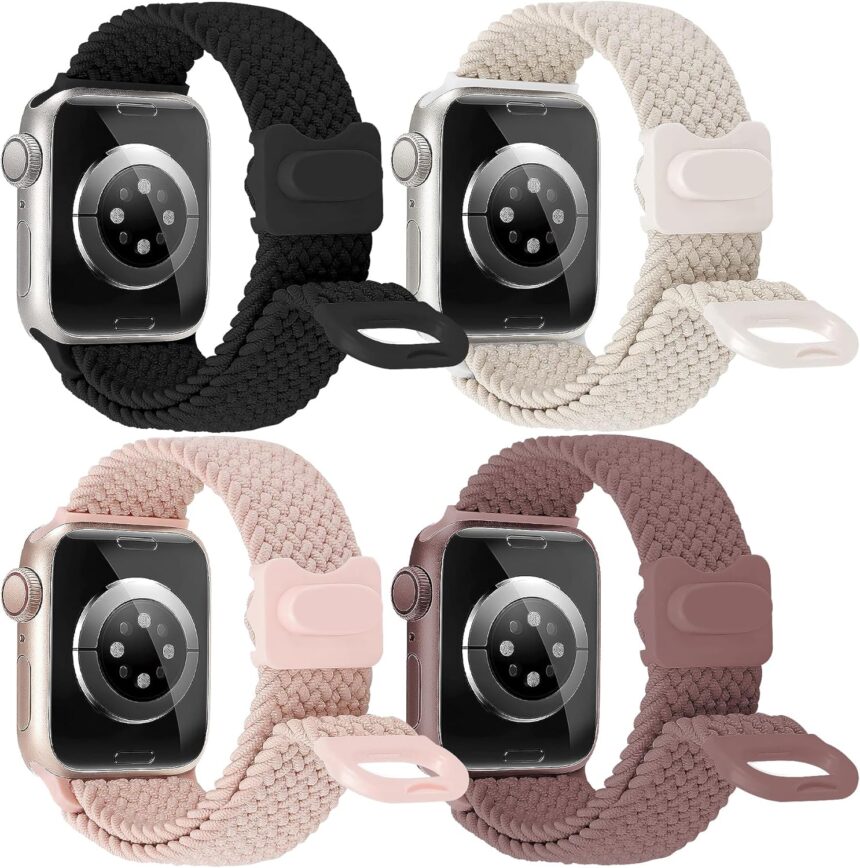 JR.DM 4Pcs Braided Stretchy Adjustable Solo Loop Compatible for Apple Watch Band 40mm 41mm 38mm 44mm 45mm 42mm 46mm 49mm Women Elastic Nylon Sport Strap for iWatch Series SE/10/9/8/7/6/5/4/3/2/1/Ultra