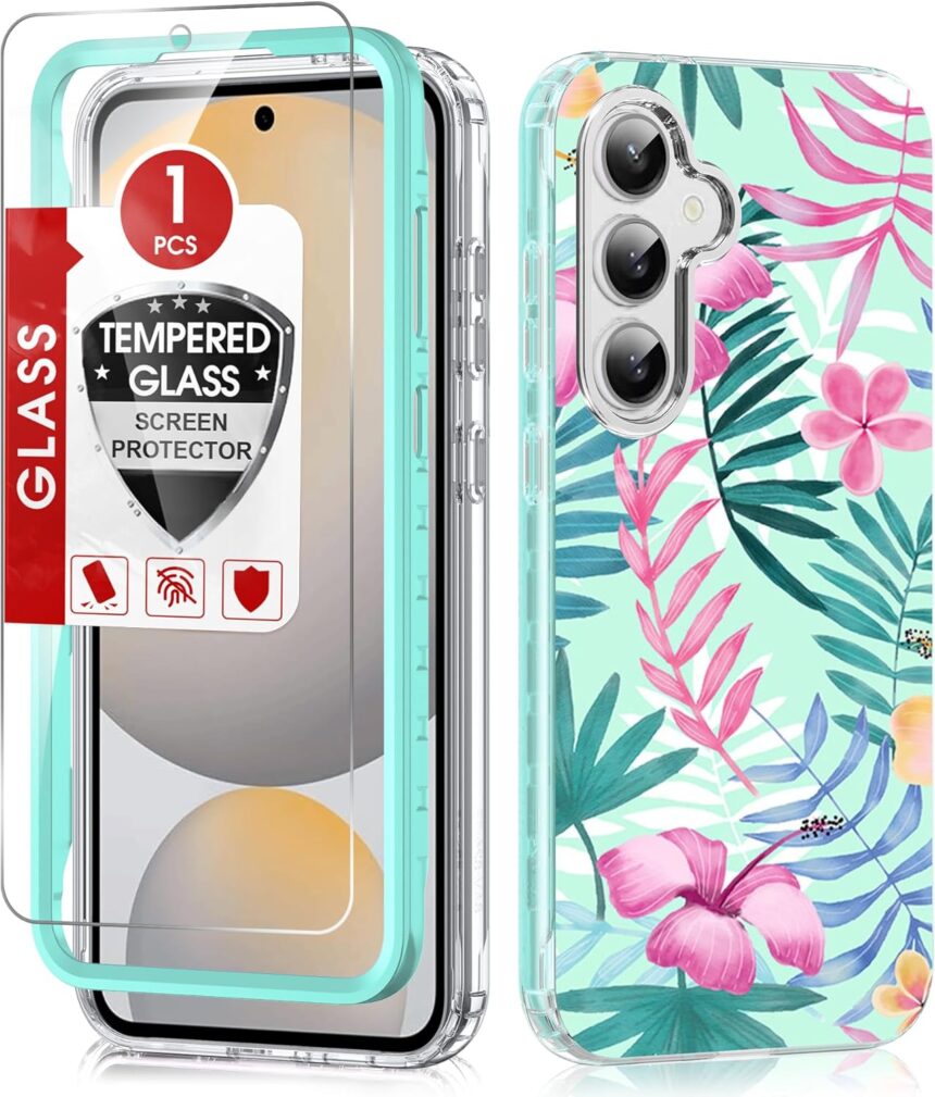 LeYi for Samsung S24-FE Case [𝗡𝗼𝘁 𝗙𝗶𝘁 𝗦𝟮𝟰 𝟱𝗚]: with Screen Protector, Cute Flower Floral Full Body Protective Rugged Shockproof Galaxy S24FE Cell Phone Case Cover for Women Girl, Green