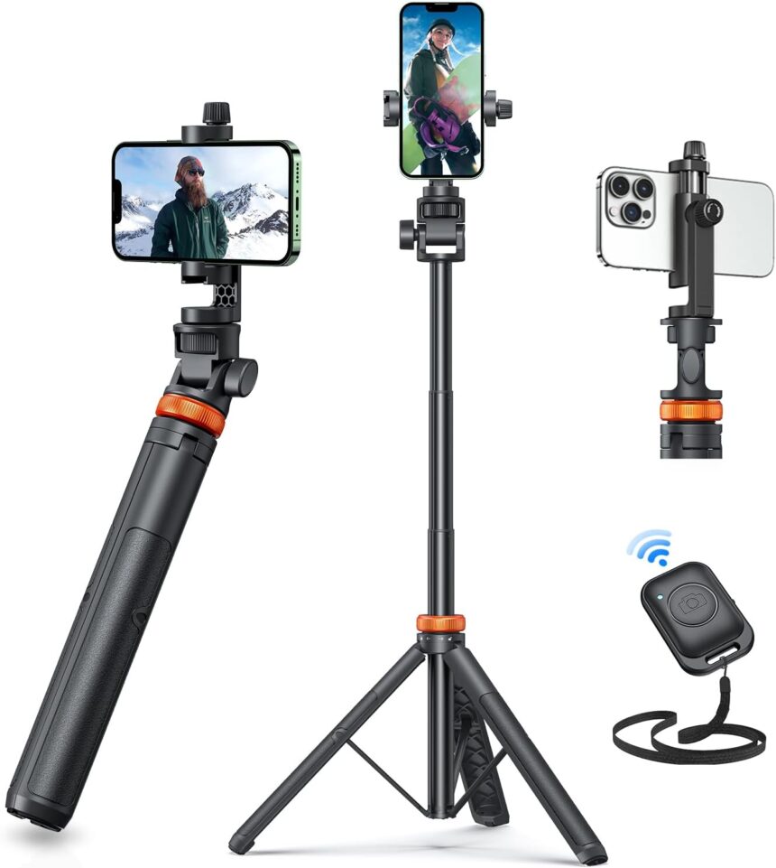 EUCOS 62″ Phone Tripod, Tripod for iPhone & Selfie Stick Tripod with Remote, Extendable Phone Tripod Stand & Travel Tripod, Solidest Cell Phone Tripod Compatible with iPhone/Android