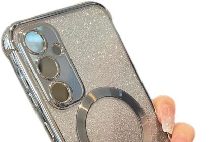 ZTOFERA Clear Magnetic Case for Samsung Galaxy S24 FE 5G with Gradient Glitter Peice(2 in 1), Luxury Plating Cute Transparent Bling Sparke Case for Women Girls,Shockproof TPU Protector Cover-Silver