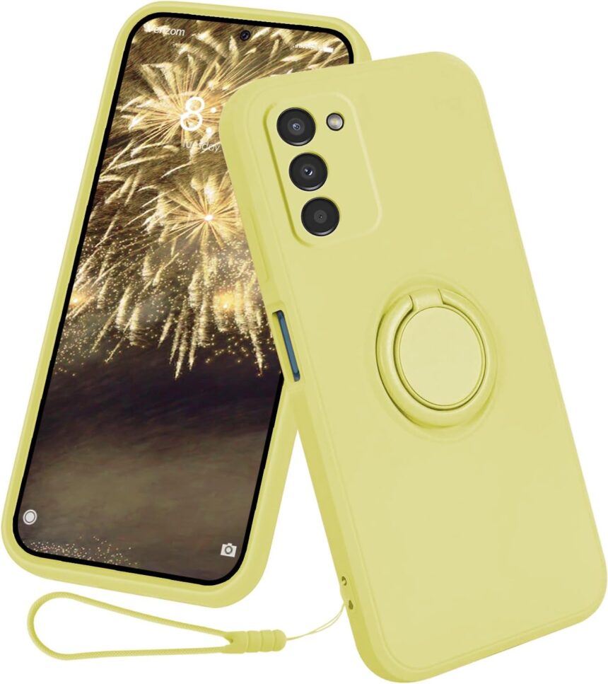 Case for Samsung Galaxy A55 5G（2024 Released）, Silicone Case with Ring 360°rotatable Kickstand Support Magnetic Car Mount，Protective Cover with Strap Lanyard (Yellow)