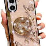 for Samsung Galaxy A35 5G Case Bling Diamond Butterfly Flower Design with Ring Stand,Galaxy A35 Case Plating Glitter Sparkle Pearl Back Cute Girly Phone Case for Samsung A35 for Women Girls Gold