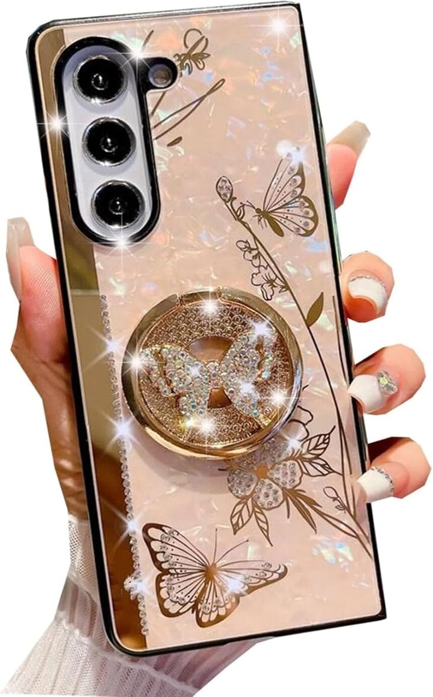 for Samsung Galaxy A35 5G Case Bling Diamond Butterfly Flower Design with Ring Stand,Galaxy A35 Case Plating Glitter Sparkle Pearl Back Cute Girly Phone Case for Samsung A35 for Women Girls Gold