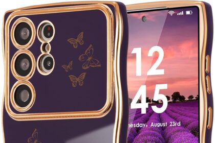 ZTOFERA for Samsung Galaxy S24 Ultra Case Cute for Girl Women, Curly Wave Frame & Luxury Plating Butterfly Pattern, Slim Soft TPU Shockproof Protective Phone Case for Samsung S24 Ultra,Dark Purple