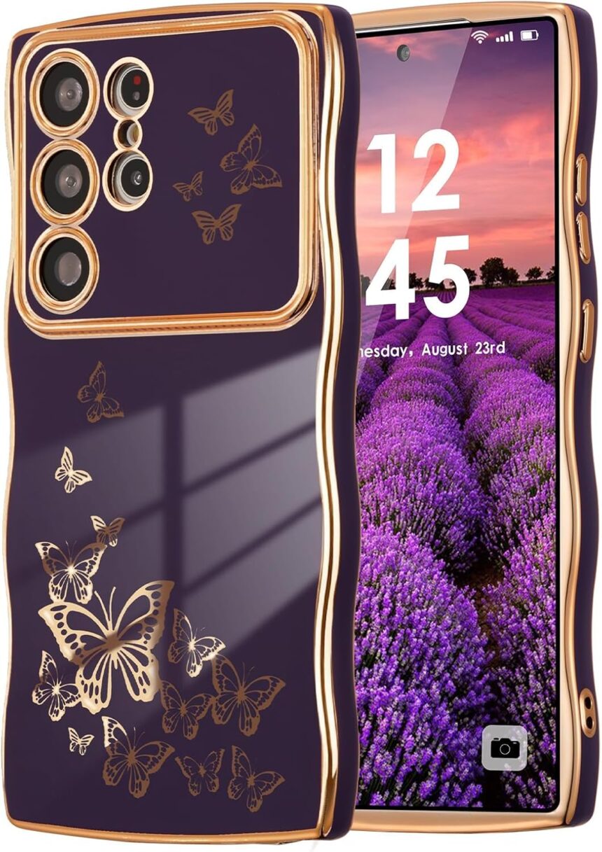 ZTOFERA for Samsung Galaxy S24 Ultra Case Cute for Girl Women, Curly Wave Frame & Luxury Plating Butterfly Pattern, Slim Soft TPU Shockproof Protective Phone Case for Samsung S24 Ultra,Dark Purple