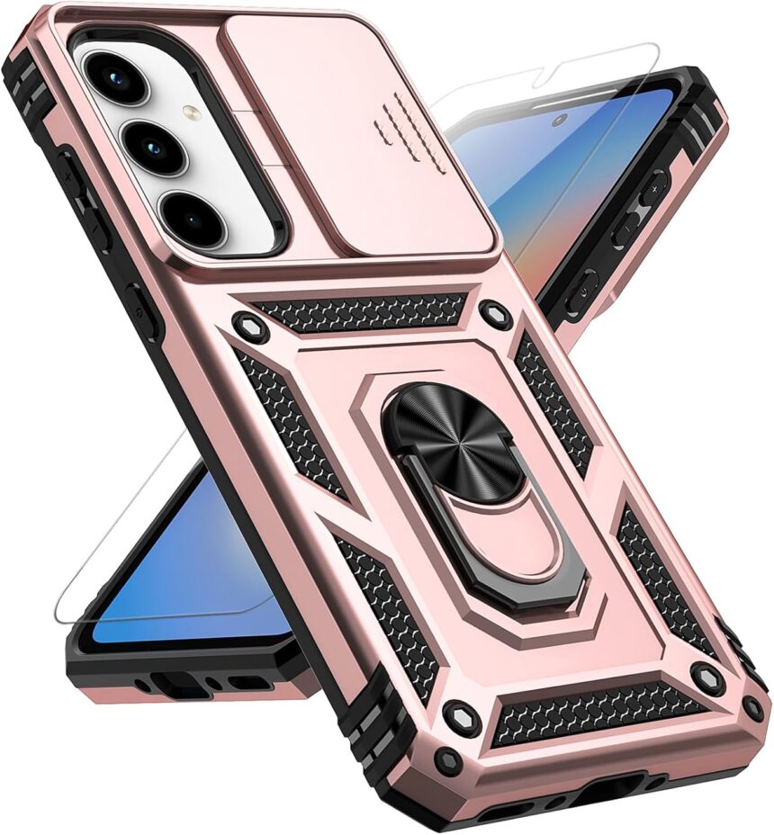 for Samsung Galaxy A35 5G Case with Slide Camera Cover HD Screen Protector [Military Grade 16ft. Drop Tested] Magnetic Ring Holder Kickstand Protective Phone Case for Galaxy A35 5G 2024, Rose Gold