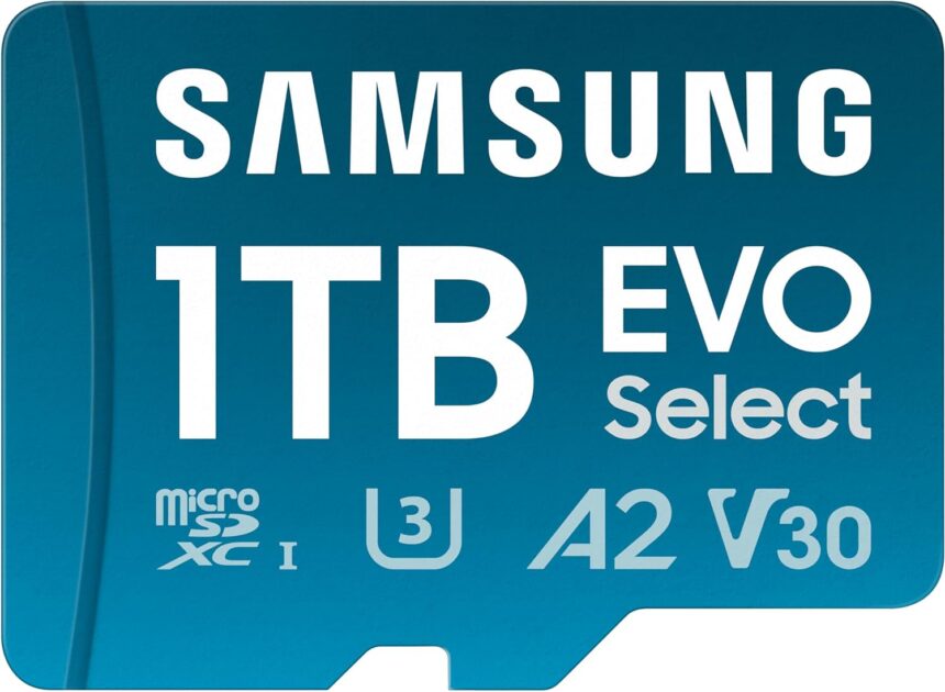 SAMSUNG EVO Select microSDMemory Card + Adapter, 1TB microSDXC, Up-to 160 MB/s, 4K UHD, UHS-I, C10, U3, V30, A2, for Mobile Phone, Smartphones, Nintendo-Switch, and Tablets (MB-ME1T0SA/AM)