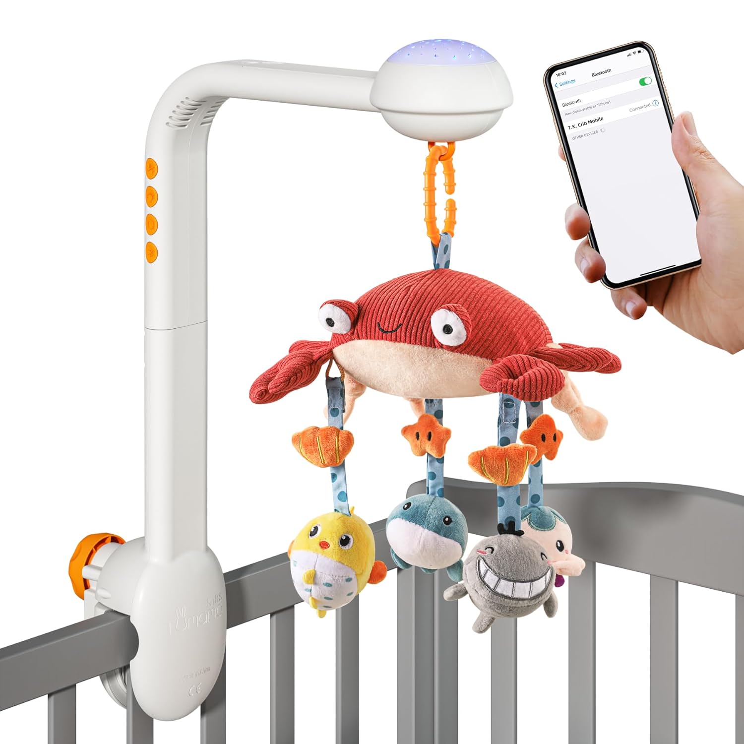 TUMAMA Baby Crib Mobile, Crib Toys with Projection Night Light, Music and White Noise, Soft Plush Mirror Hanging Toys,Mute Spin Motor Nursery Toys for Infant 0 3 6 9 Month Newborn Xmas Gift (Crab)