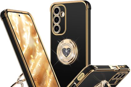 XYZ for Galaxy A25 5G Case with Stand, for Samsung Galaxy A25 5G Case with Double Ring, Women Girls Bling Luxury Protective Phone Case Heart for Samsung A25 5G, Black