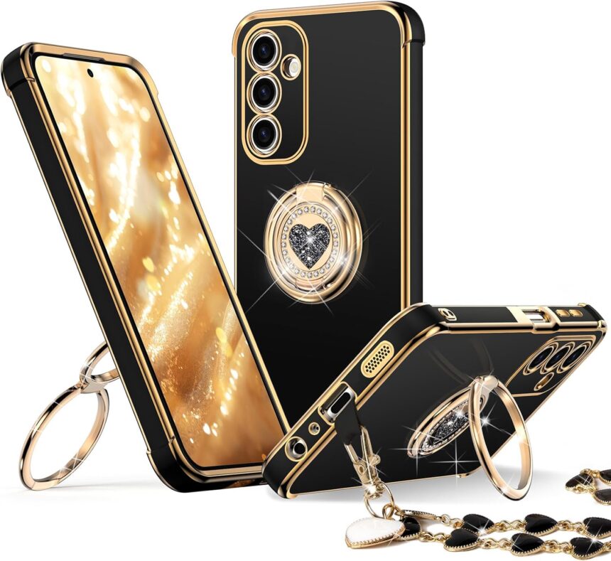 XYZ for Galaxy A25 5G Case with Stand, for Samsung Galaxy A25 5G Case with Double Ring, Women Girls Bling Luxury Protective Phone Case Heart for Samsung A25 5G, Black