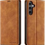 QLTYPRI Case for Samsung Galaxy A55 5G, Premium PU Leather Cover TPU Bumper with Card Holder Kickstand Hidden Magnetic Adsorption Shockproof Flip Wallet Case for Samsung Galaxy A55 – Brown