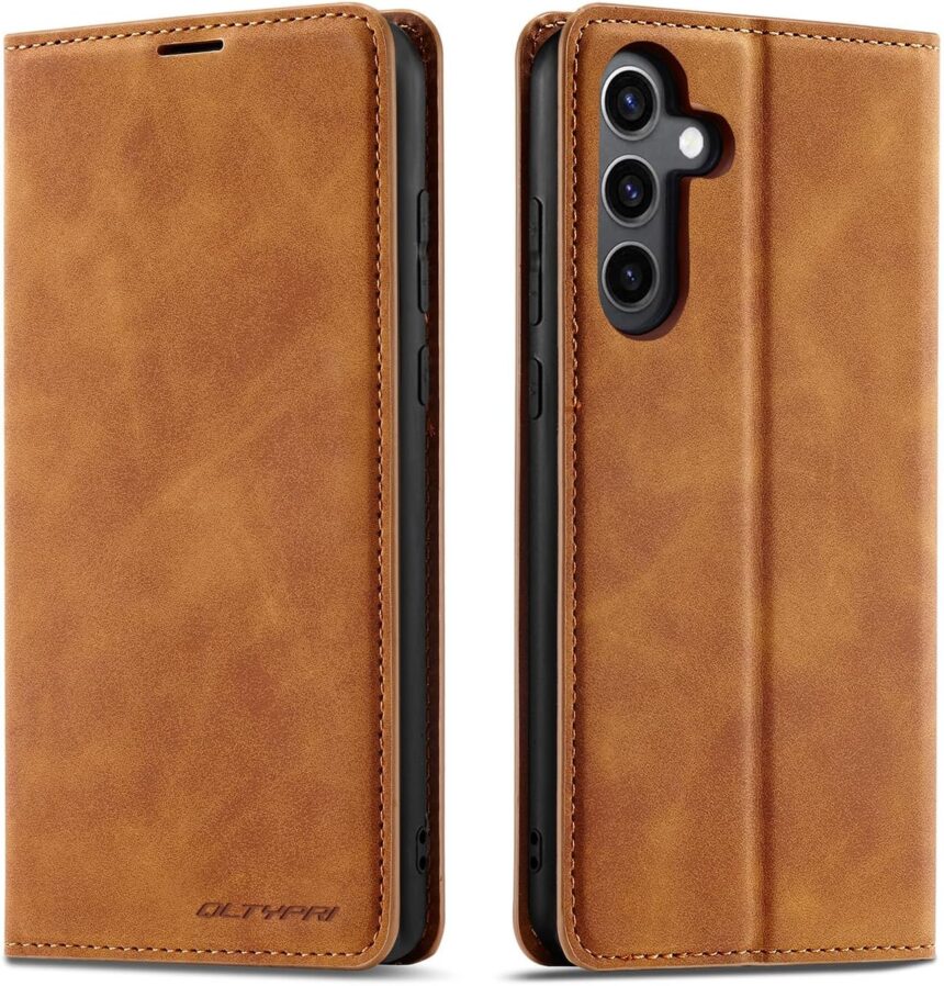 QLTYPRI Case for Samsung Galaxy A55 5G, Premium PU Leather Cover TPU Bumper with Card Holder Kickstand Hidden Magnetic Adsorption Shockproof Flip Wallet Case for Samsung Galaxy A55 – Brown