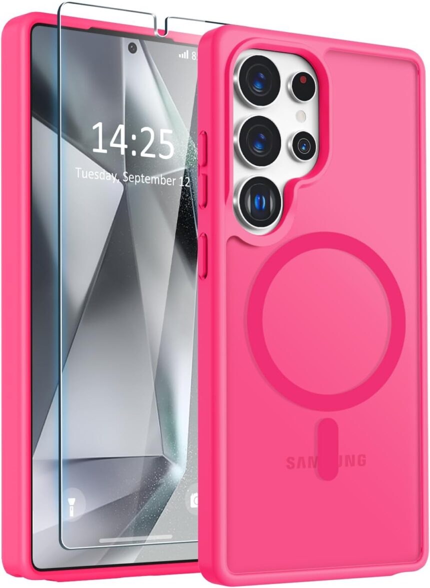 LATVIN for Samsung Galaxy S25 Ultra Case, Magnetic Phone Case with 1 Screen Protector [Military Grade Protection] [Compatible with MagSafe] Translucent Matte Protective Cover for S25 Ultra, Hot Pink