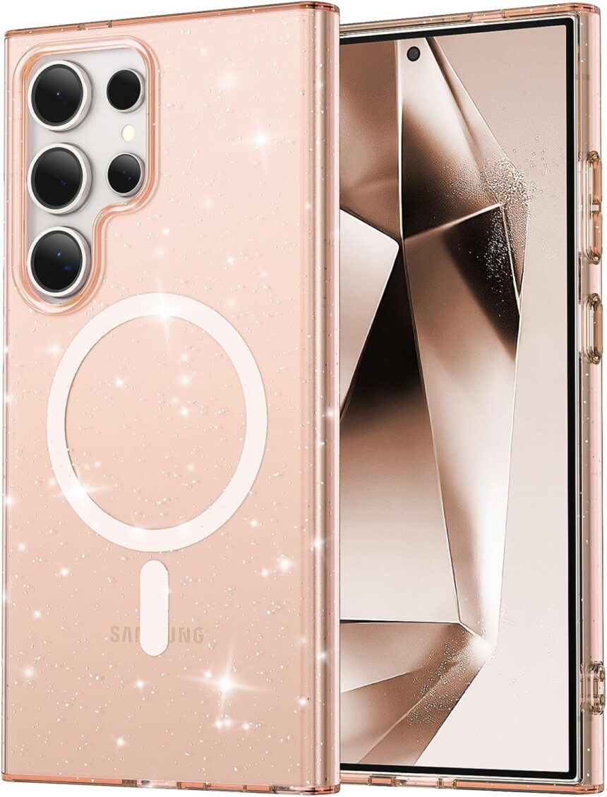 R-fun Crystal Glitter Designed for Samsung Galaxy S24 Ultra Case，[Anti-Yellowing] [Military-Grade Protection] Magnetic Case for Galaxy S24 Ultra 2024, Rose Gold